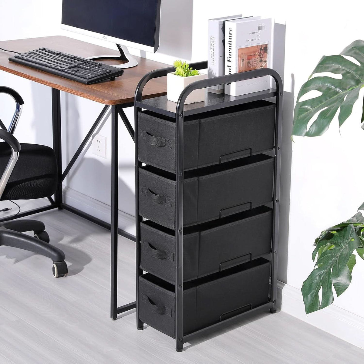 4 Drawer Narrow Fabric Dresser Storage Tower With Wood Top Black