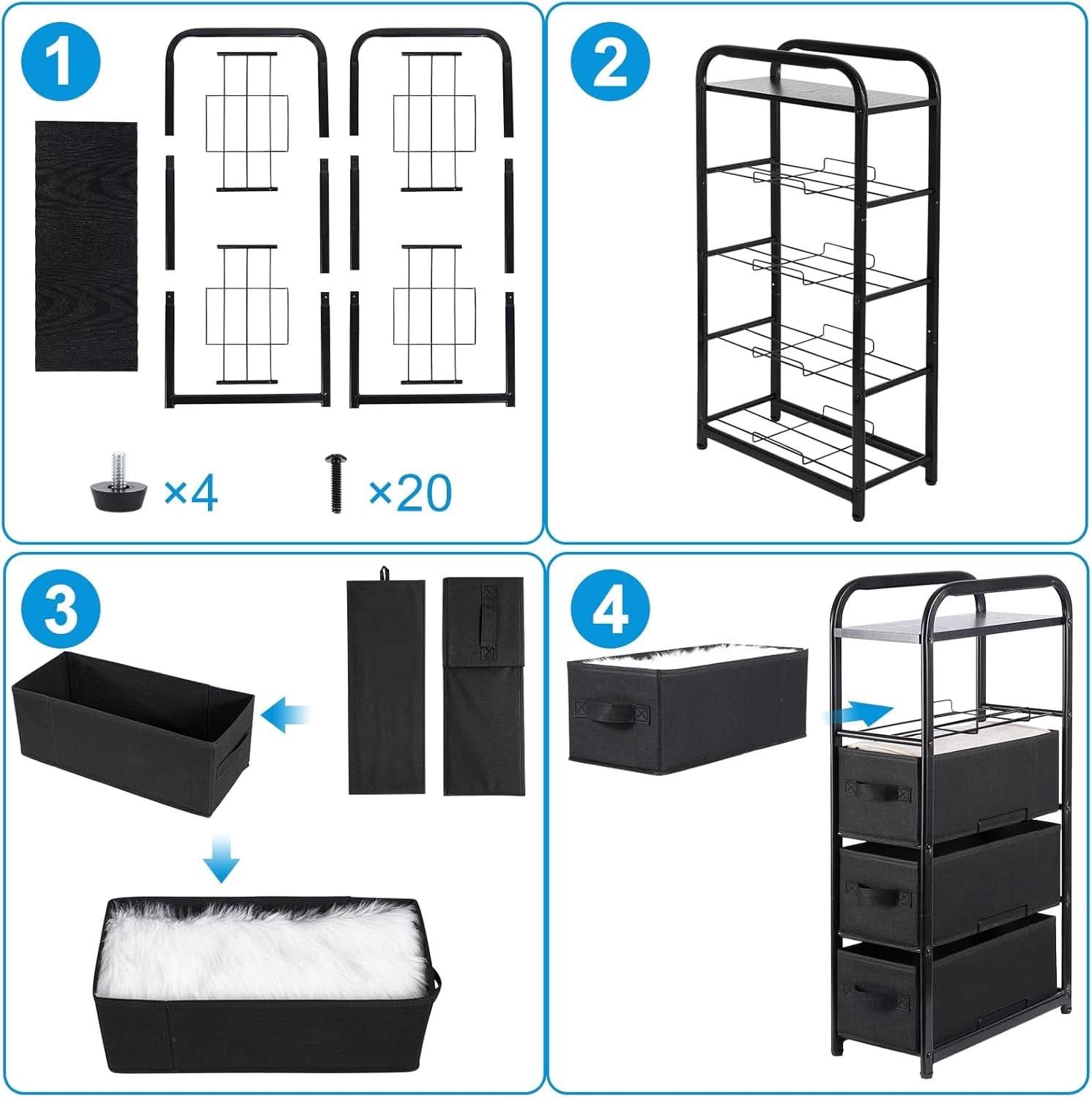 4 Drawer Narrow Fabric Dresser Storage Tower With Wood Top Black