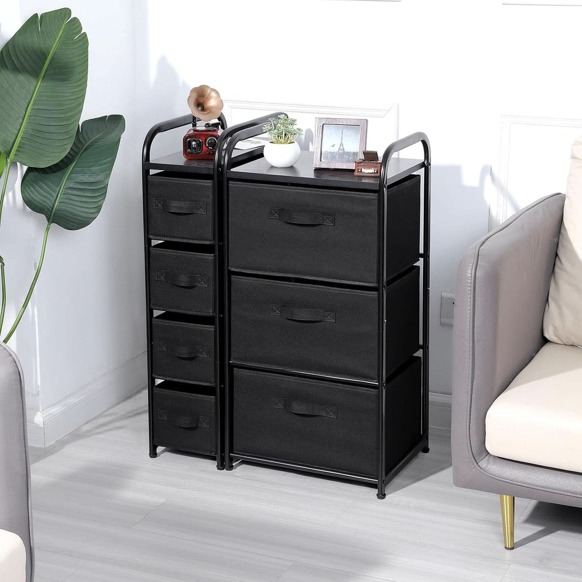 4 Drawer Narrow Fabric Dresser Storage Tower With Wood Top Black
