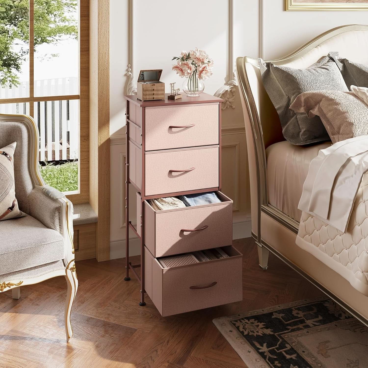 4 Drawer Pink Rose Gold Fabric Dresser With Wood Top