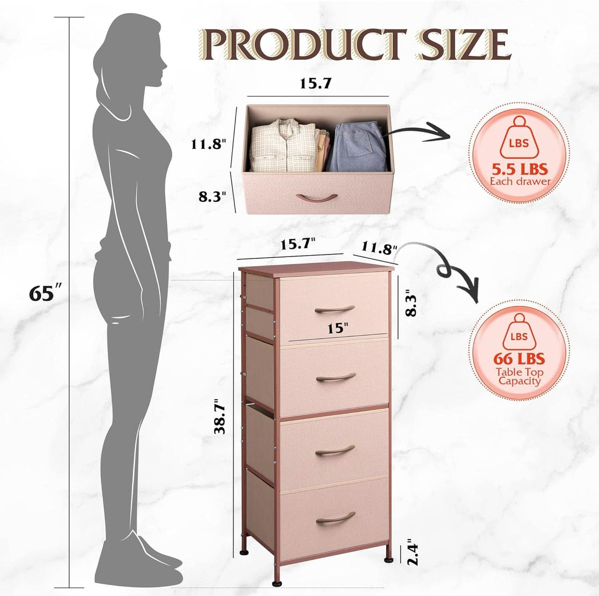 4 Drawer Pink Rose Gold Fabric Dresser With Wood Top