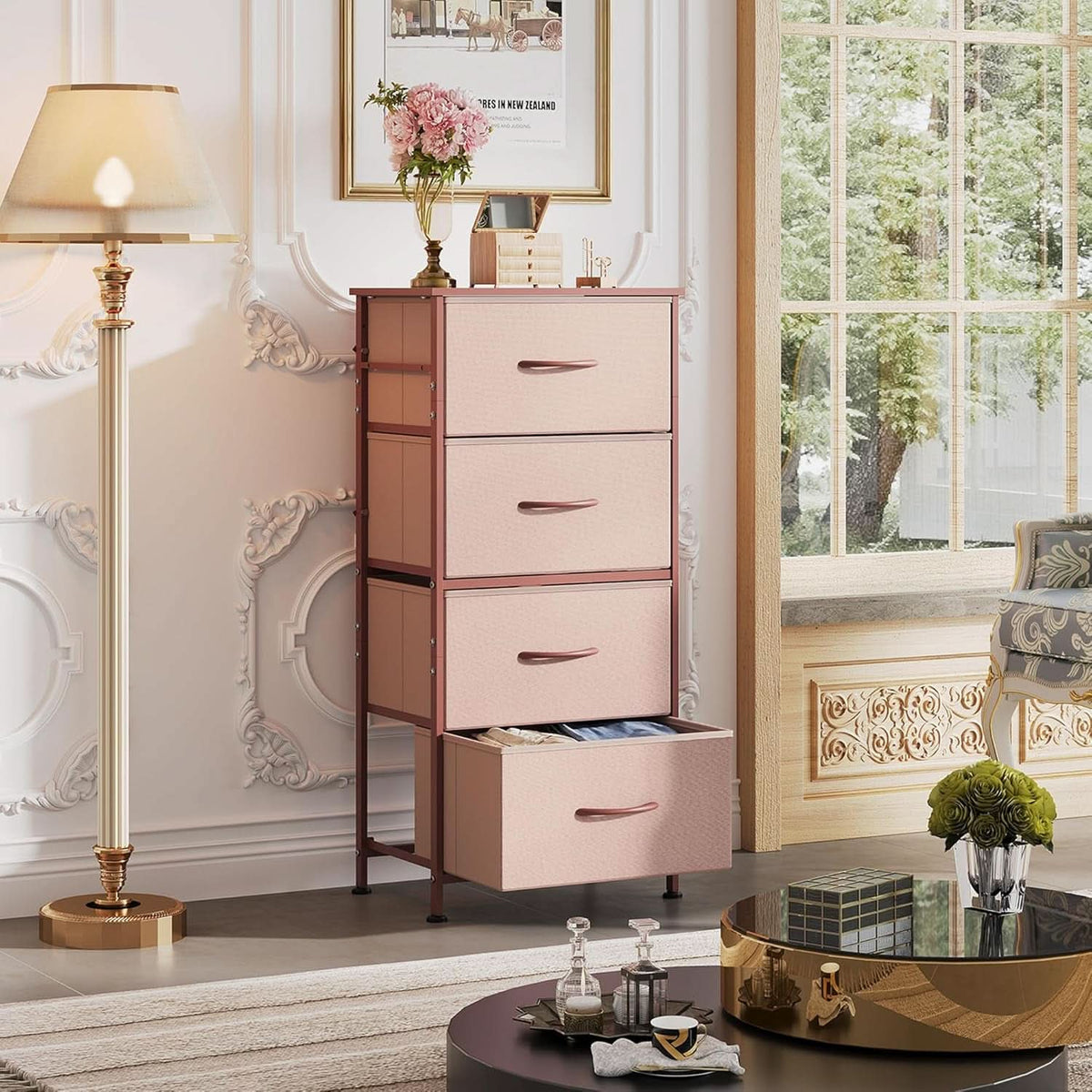 4 Drawer Pink Rose Gold Fabric Dresser With Wood Top