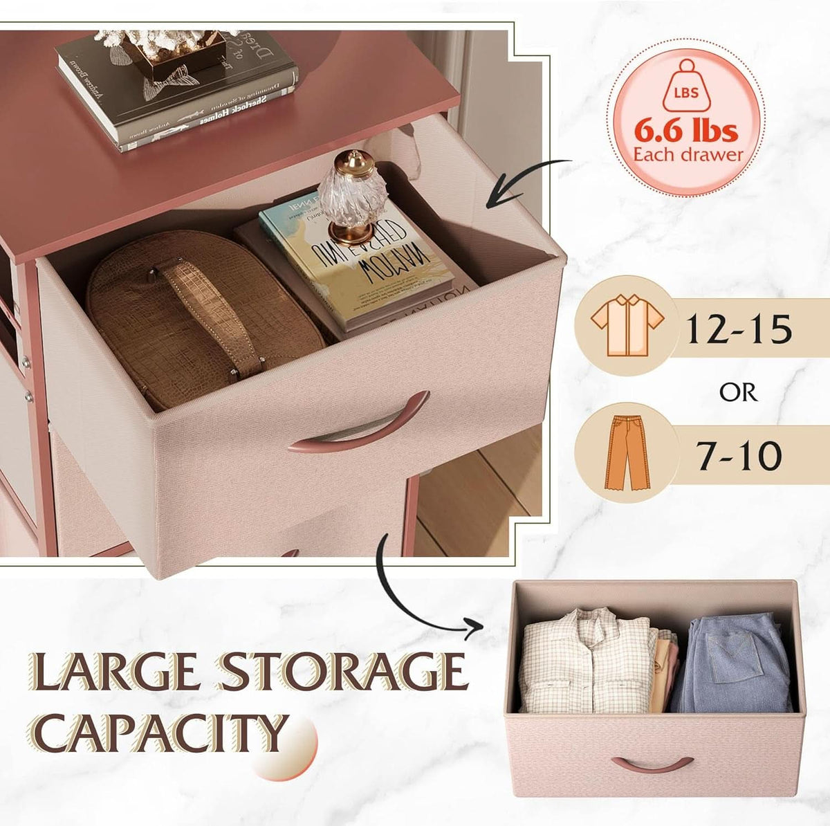 4 Drawer Pink Rose Gold Fabric Dresser With Wood Top