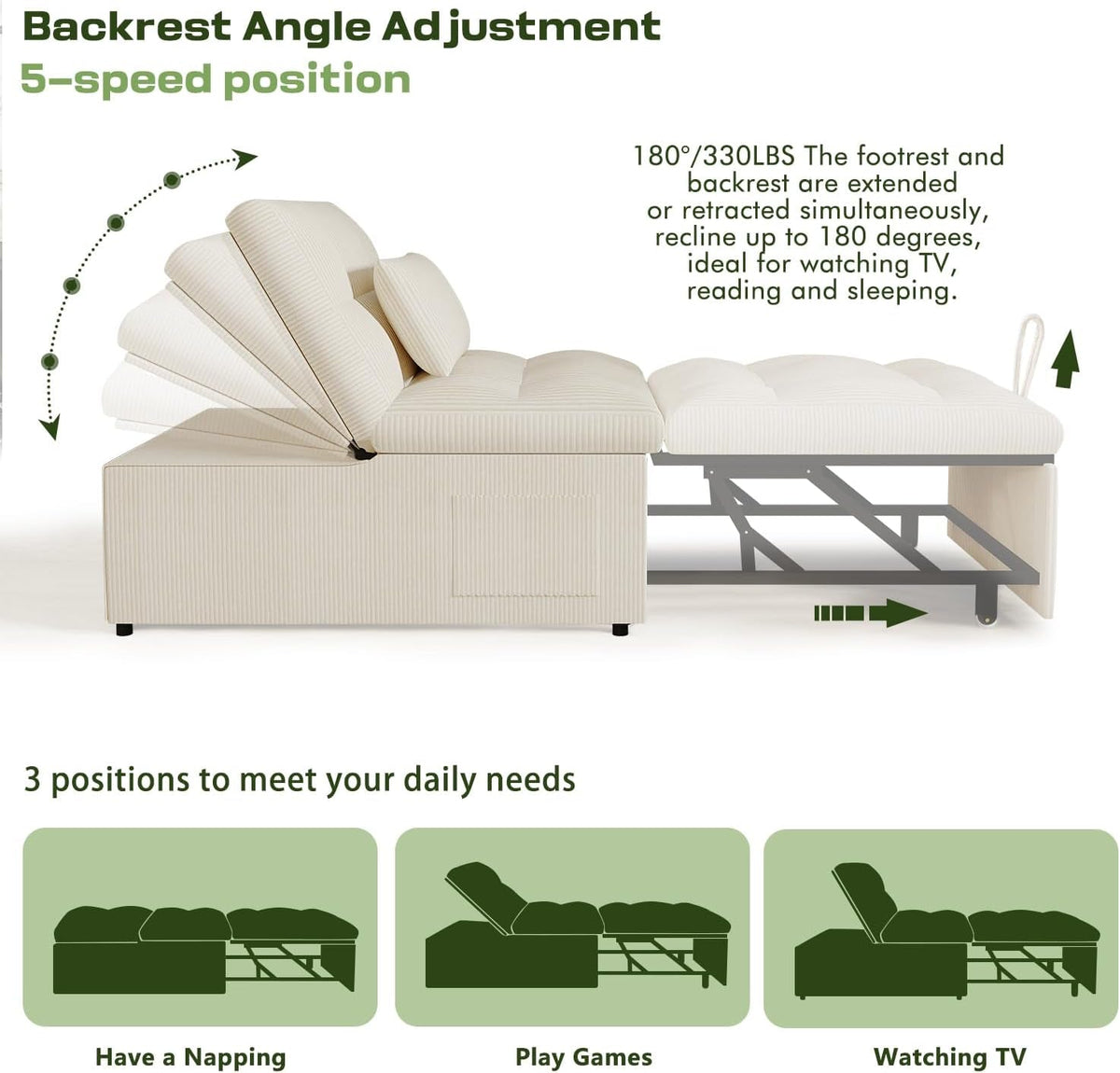 4 In 1 Convertible Sleeper Chair Bed With Pocket