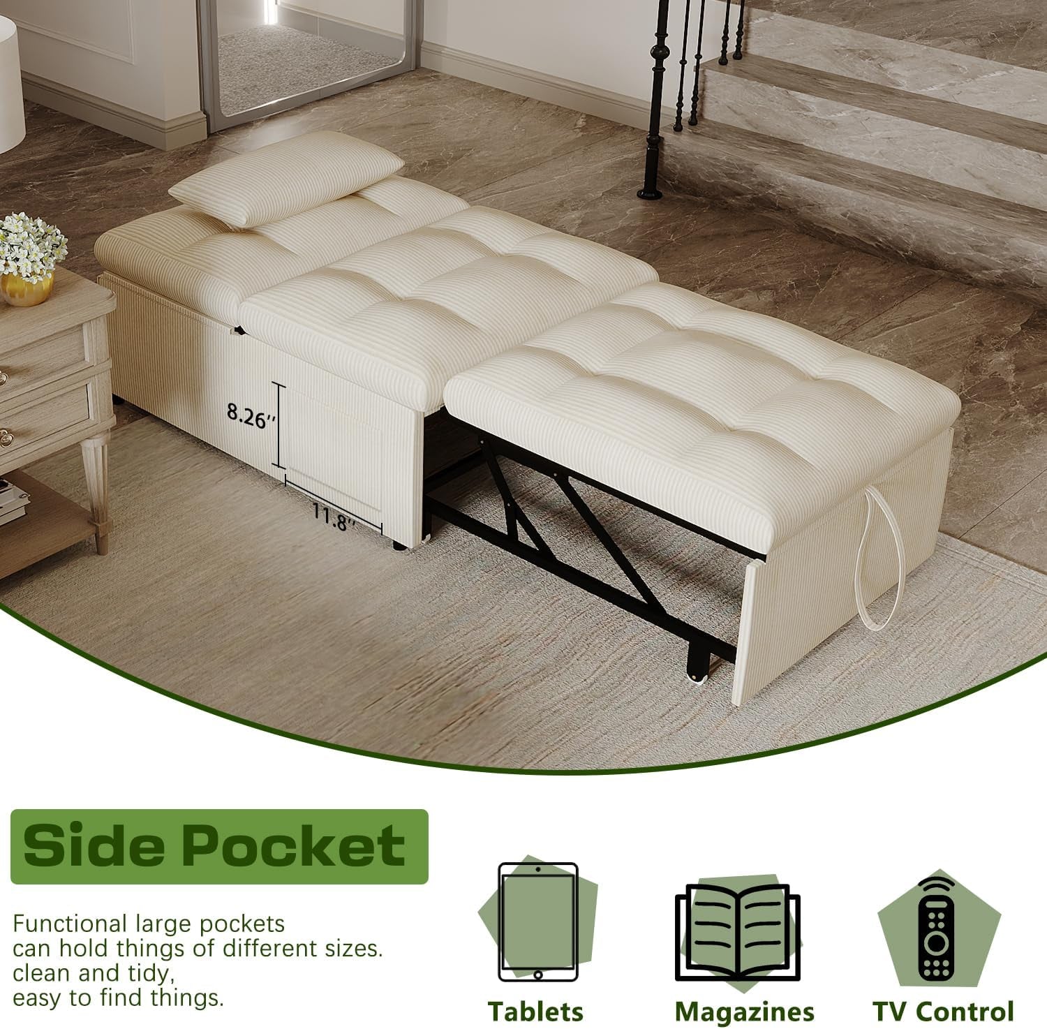 4 In 1 Convertible Sleeper Chair Bed With Pocket