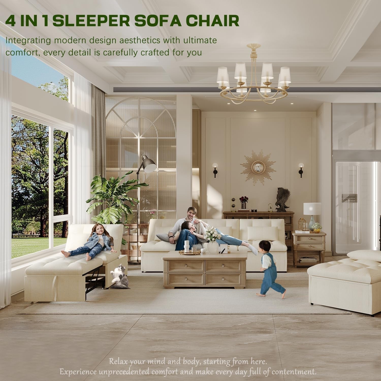 4 In 1 Convertible Sleeper Chair Bed With Pocket