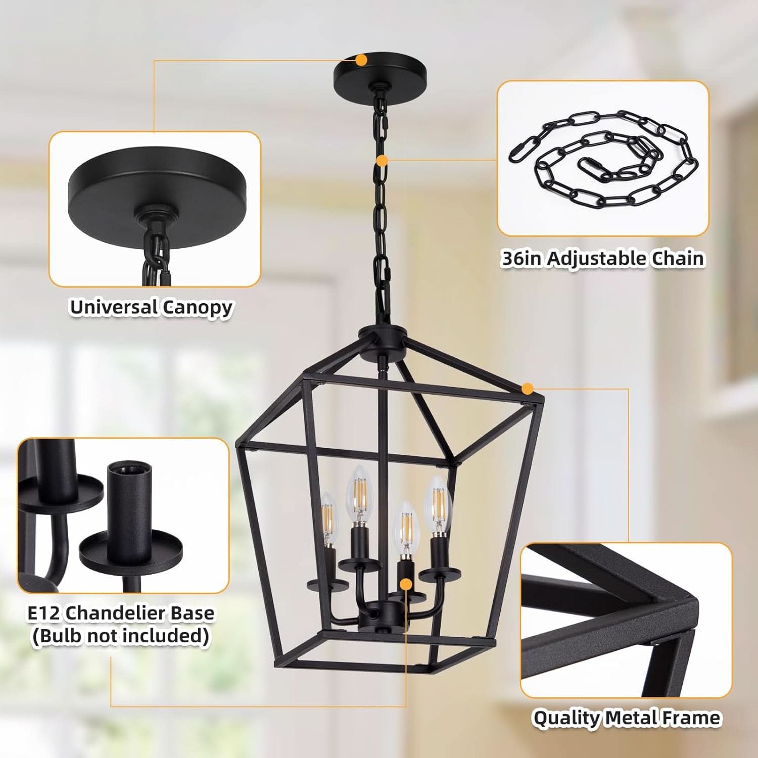 4 Light Black Lantern Chandelier With Adjustable Height