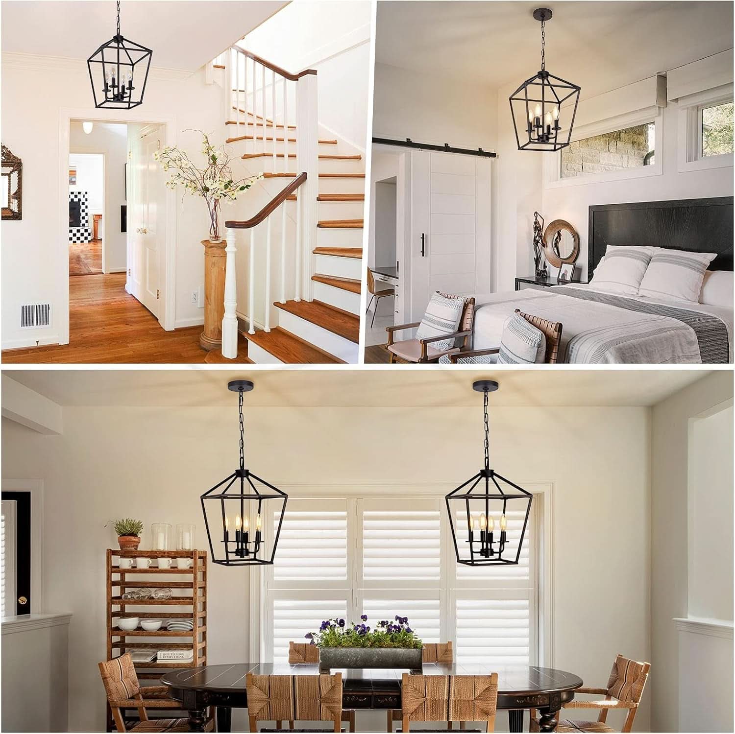 4 Light Black Lantern Chandelier With Adjustable Height