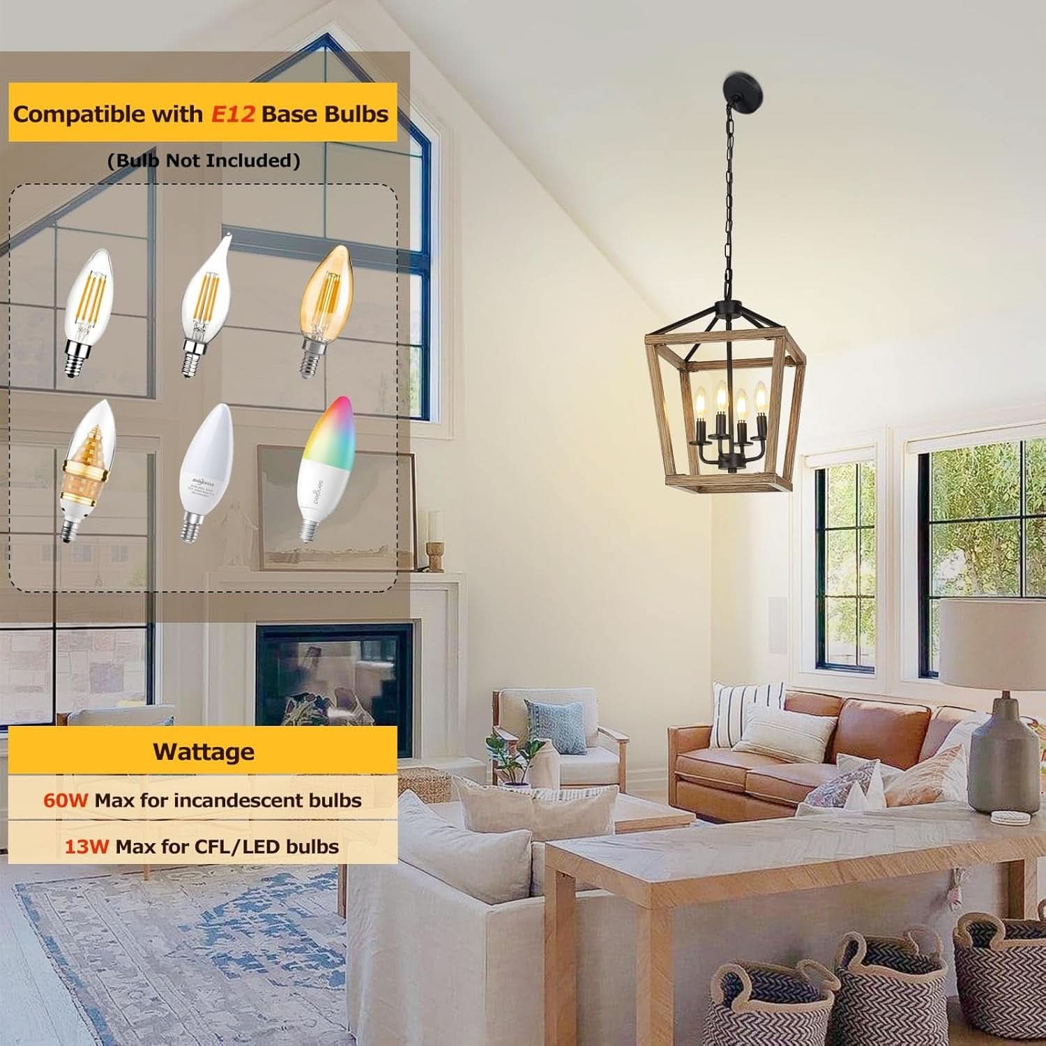 4 Light Farmhouse Chandelier With Rustic Wood Cage Light