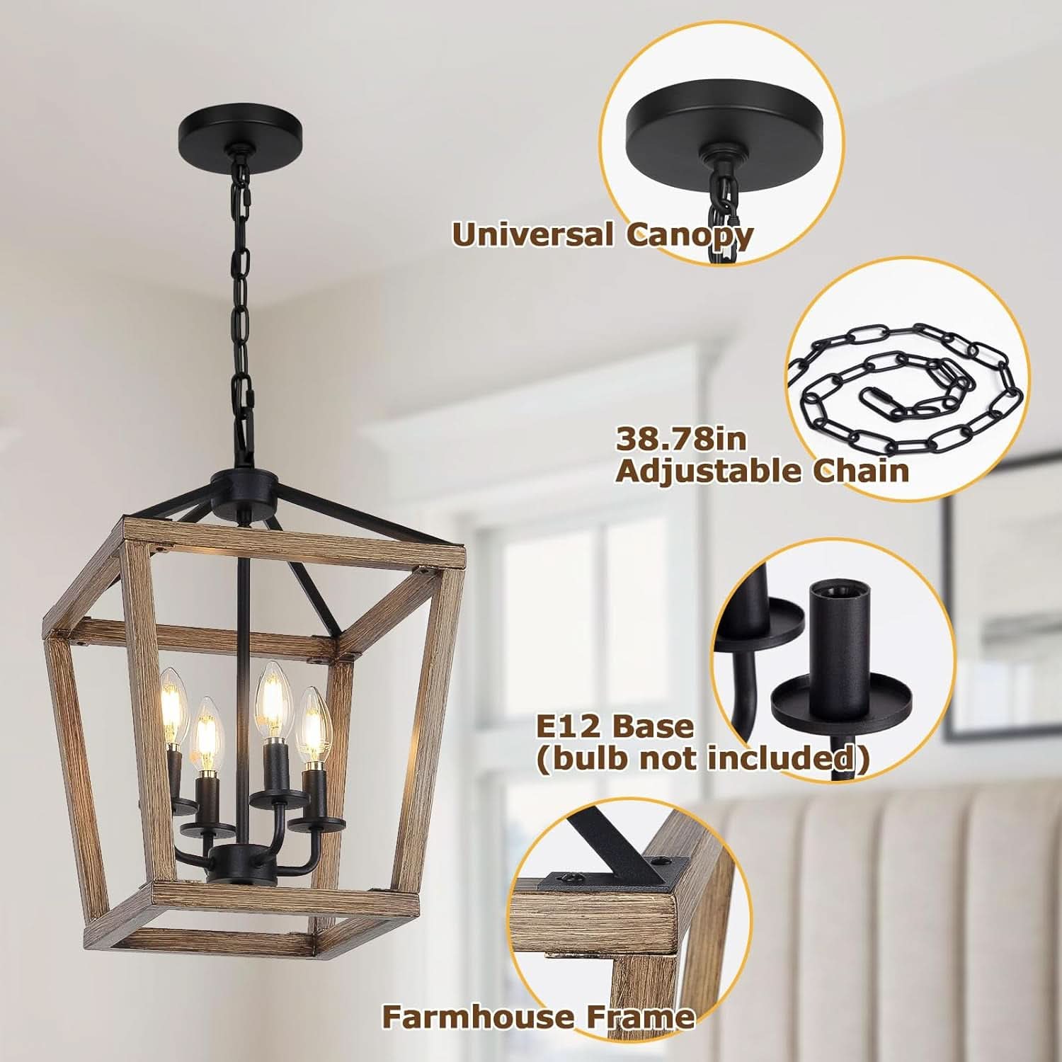 4 Light Farmhouse Chandelier With Rustic Wood Cage Light