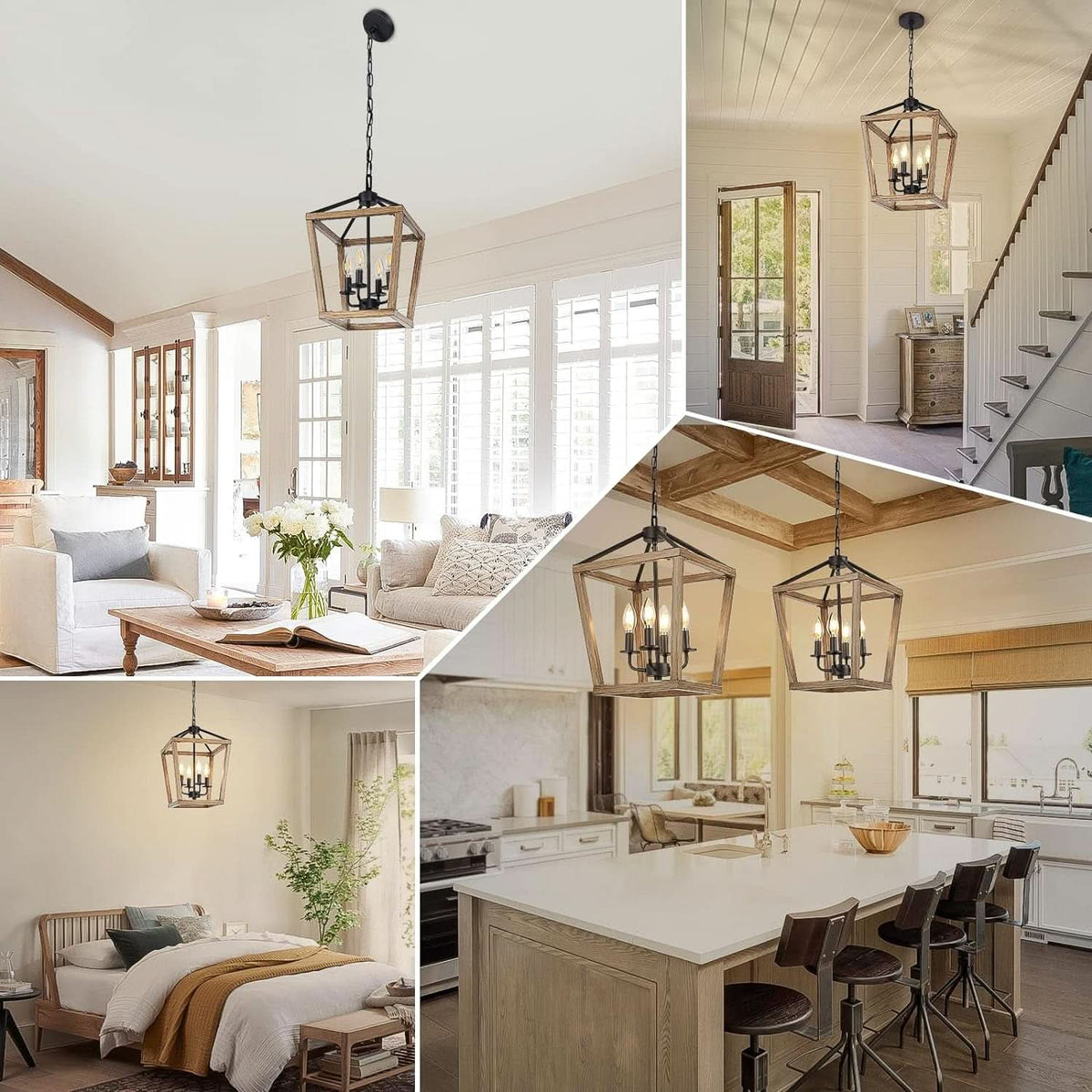4 Light Farmhouse Chandelier With Rustic Wood Cage Light