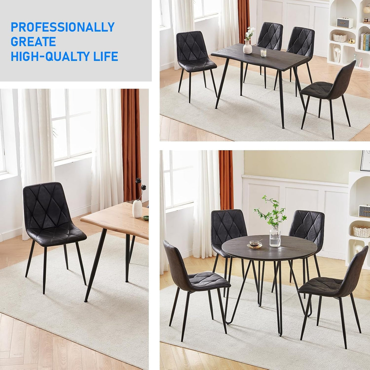 4 Pack Black Metal Frame Dining Chairs With Cushions