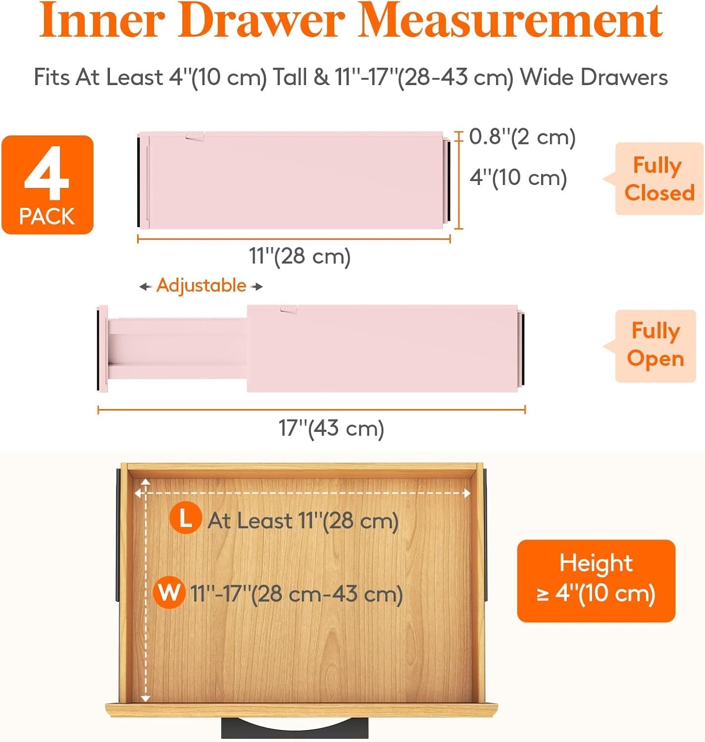 4 Pack Drawer Dividers 4 High Adjustable 11 to 17 Pink