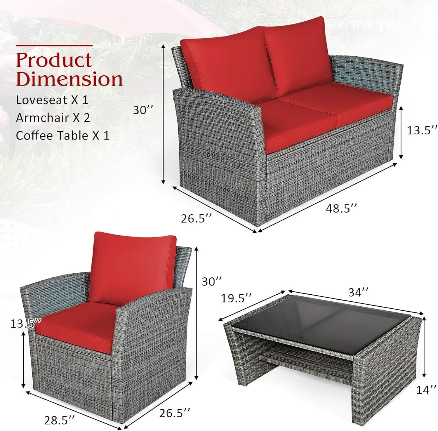 4 Piece All Weather Patio Furniture Set With Cushions And Glass Table