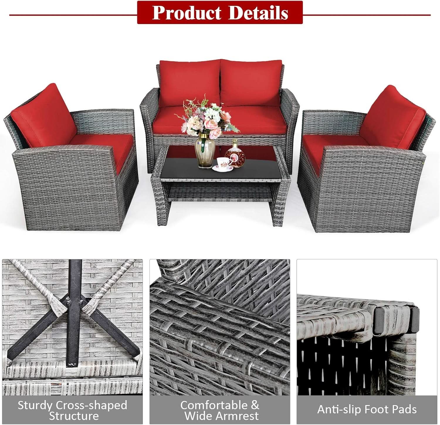 4 Piece All Weather Patio Furniture Set With Cushions And Glass Table