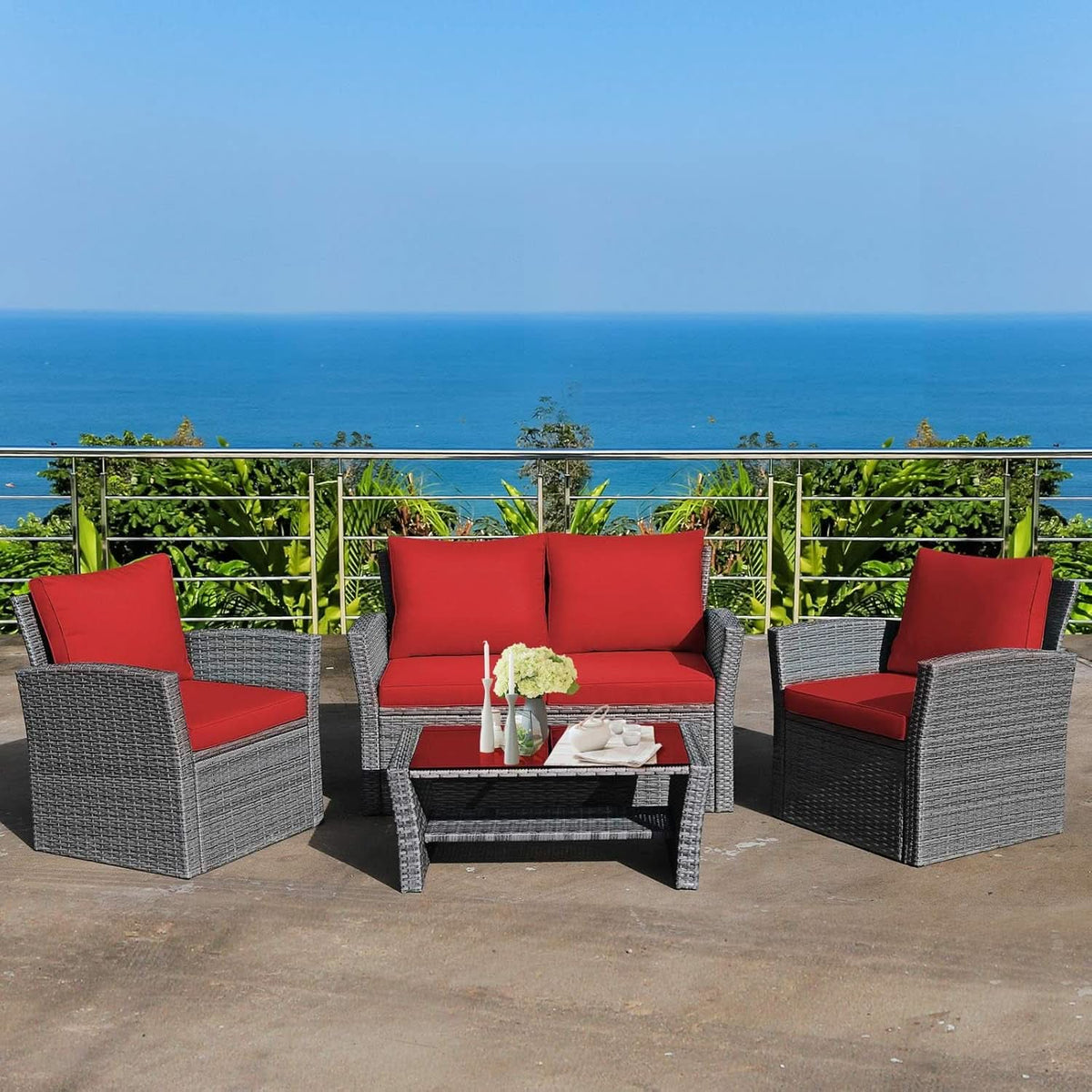 4 Piece All Weather Patio Furniture Set With Cushions And Glass Table