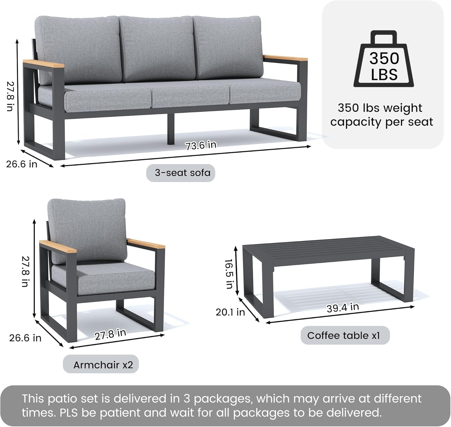 4 Piece Aluminum Outdoor Patio Set With 6 Inch Cushions