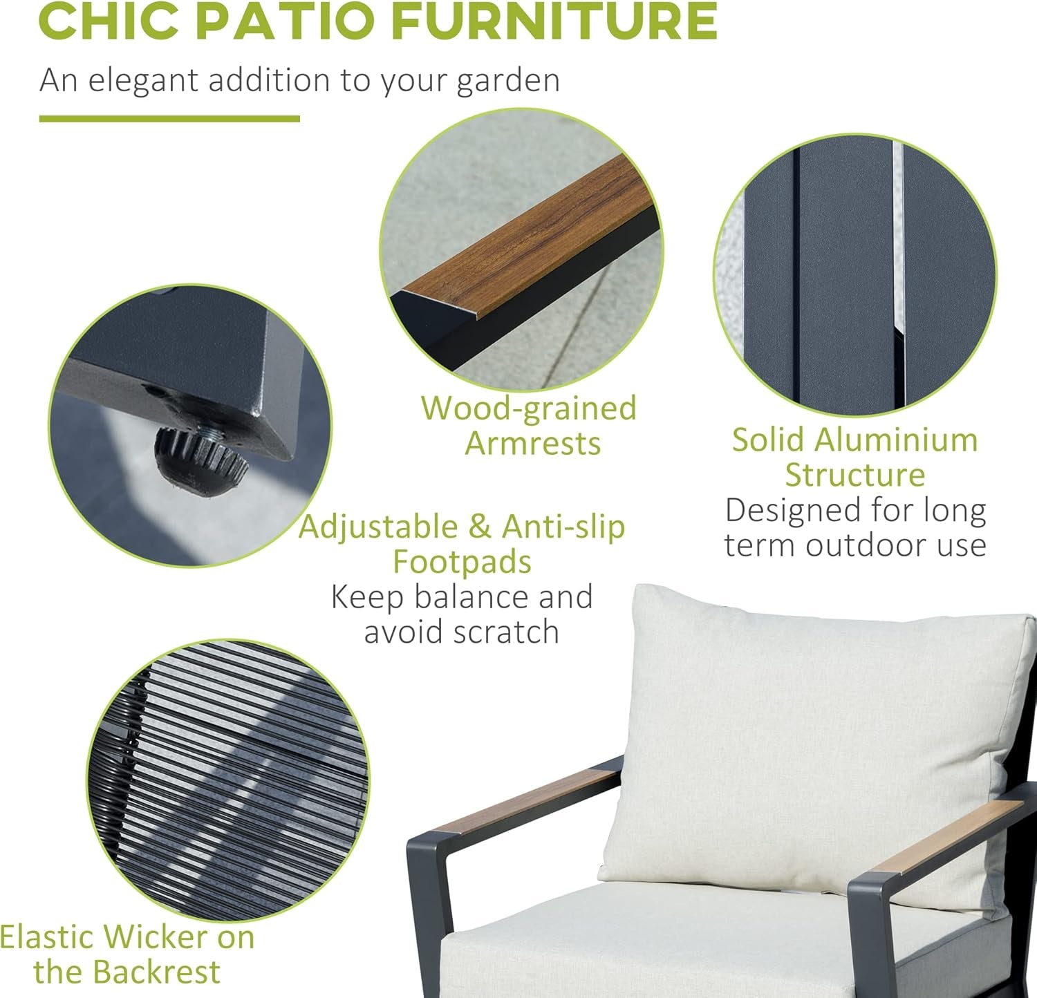 4 Piece Aluminum Patio Furniture Set Cream White Cushions