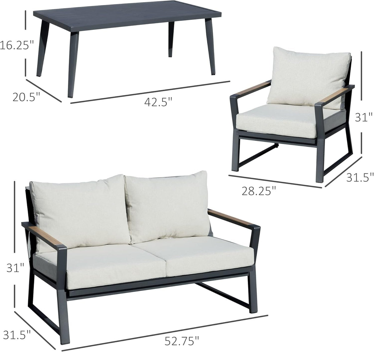 4 Piece Aluminum Patio Furniture Set Cream White Cushions