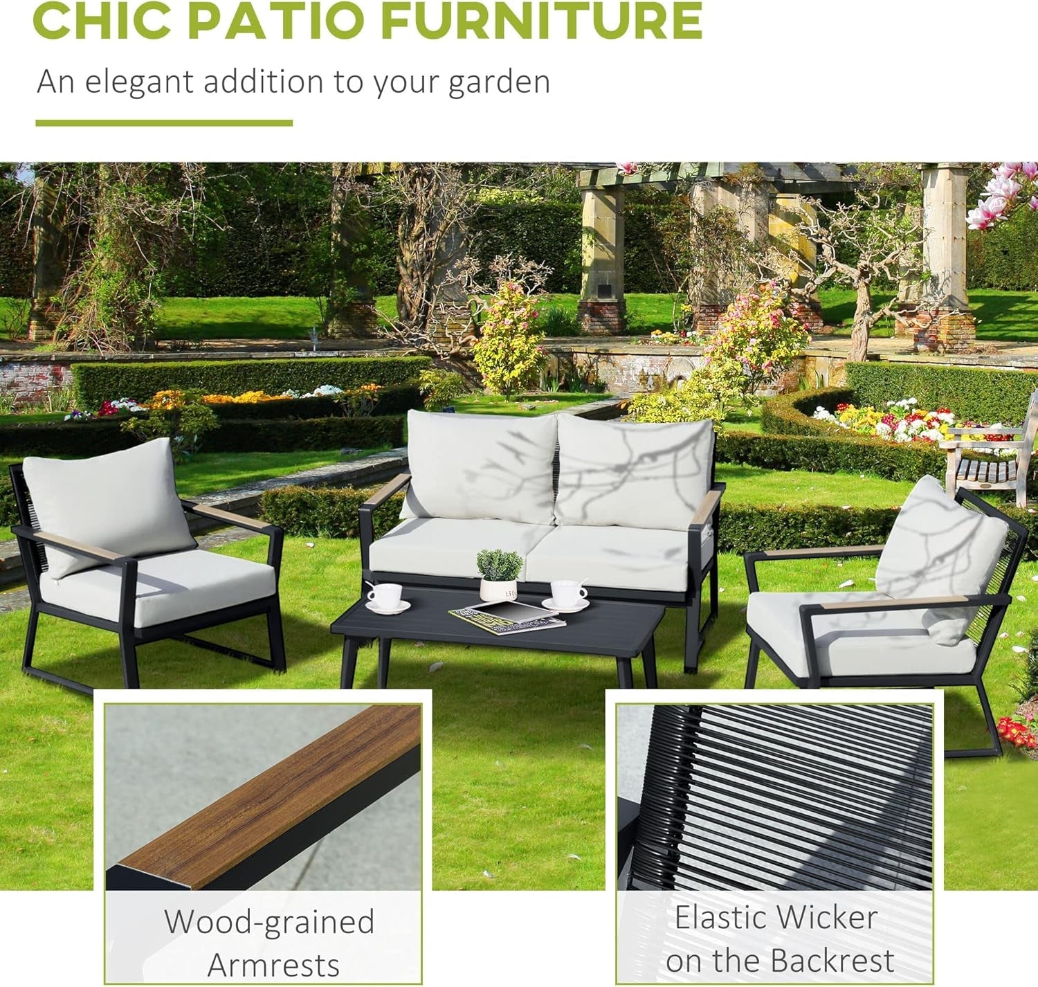 4 Piece Aluminum Patio Furniture Set Cream White Cushions