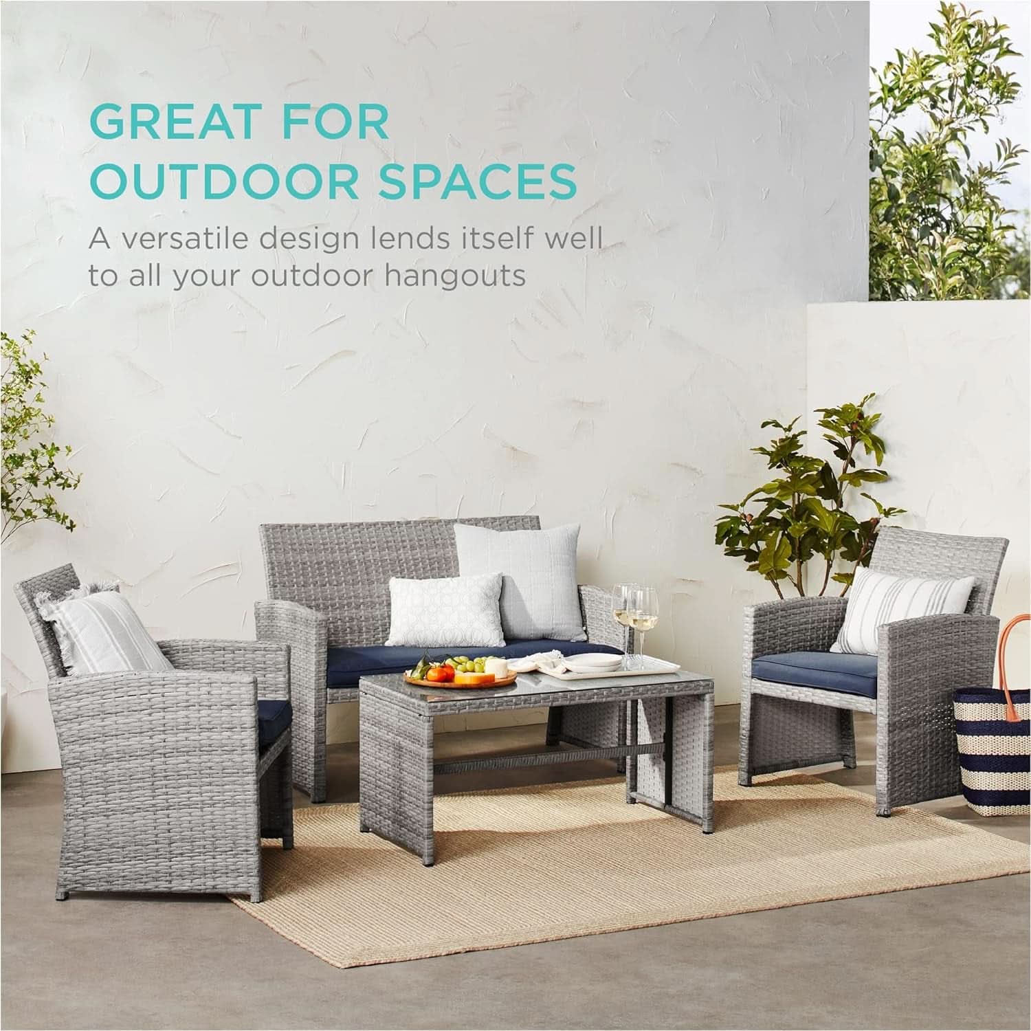 4 Piece Gray Navy Wicker Patio Conversation Set With Coffee Table