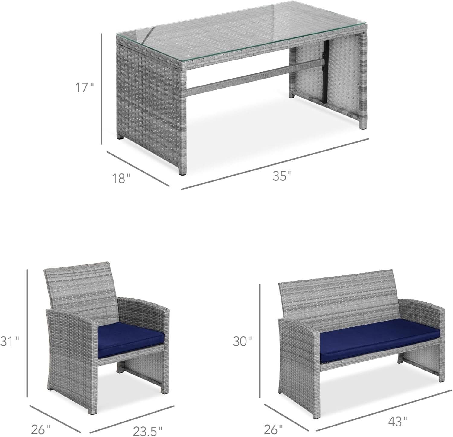 4 Piece Gray Navy Wicker Patio Conversation Set With Coffee Table