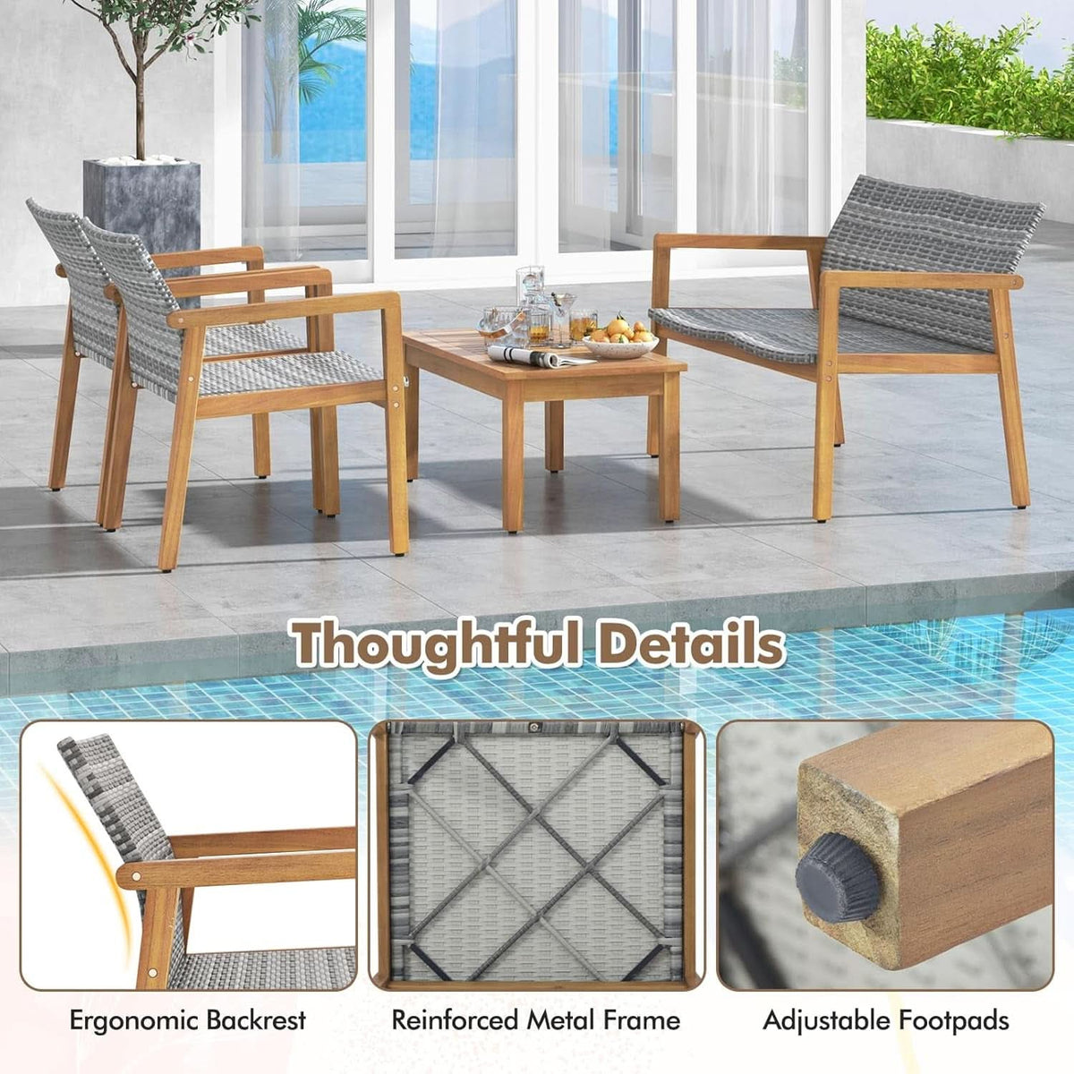4 Piece Mix Gray Outdoor Furniture Set Acacia Wood