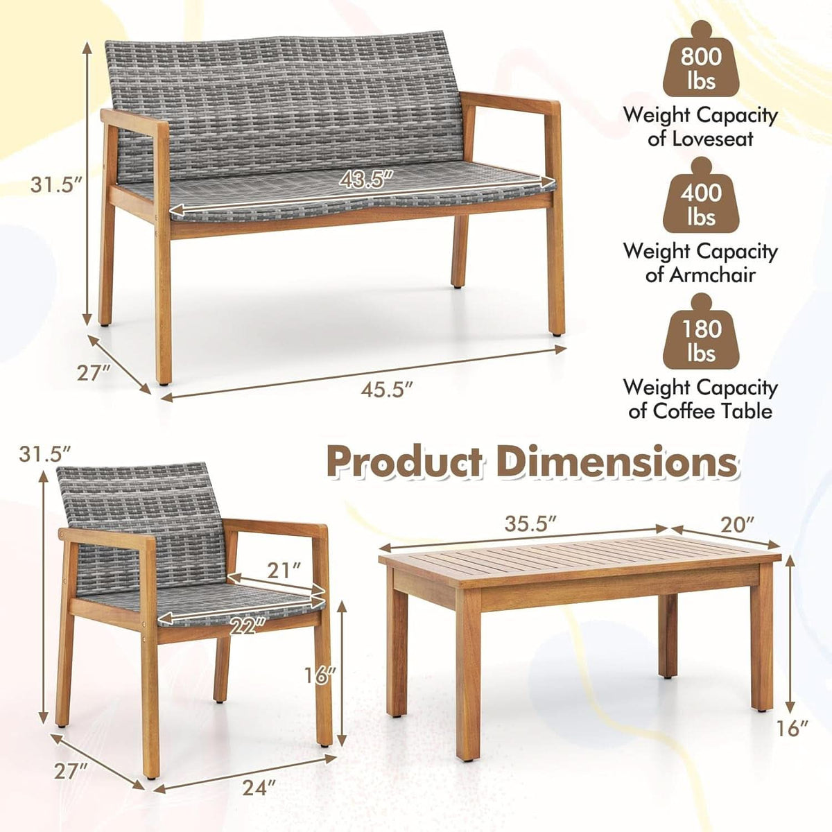 4 Piece Mix Gray Outdoor Furniture Set Acacia Wood