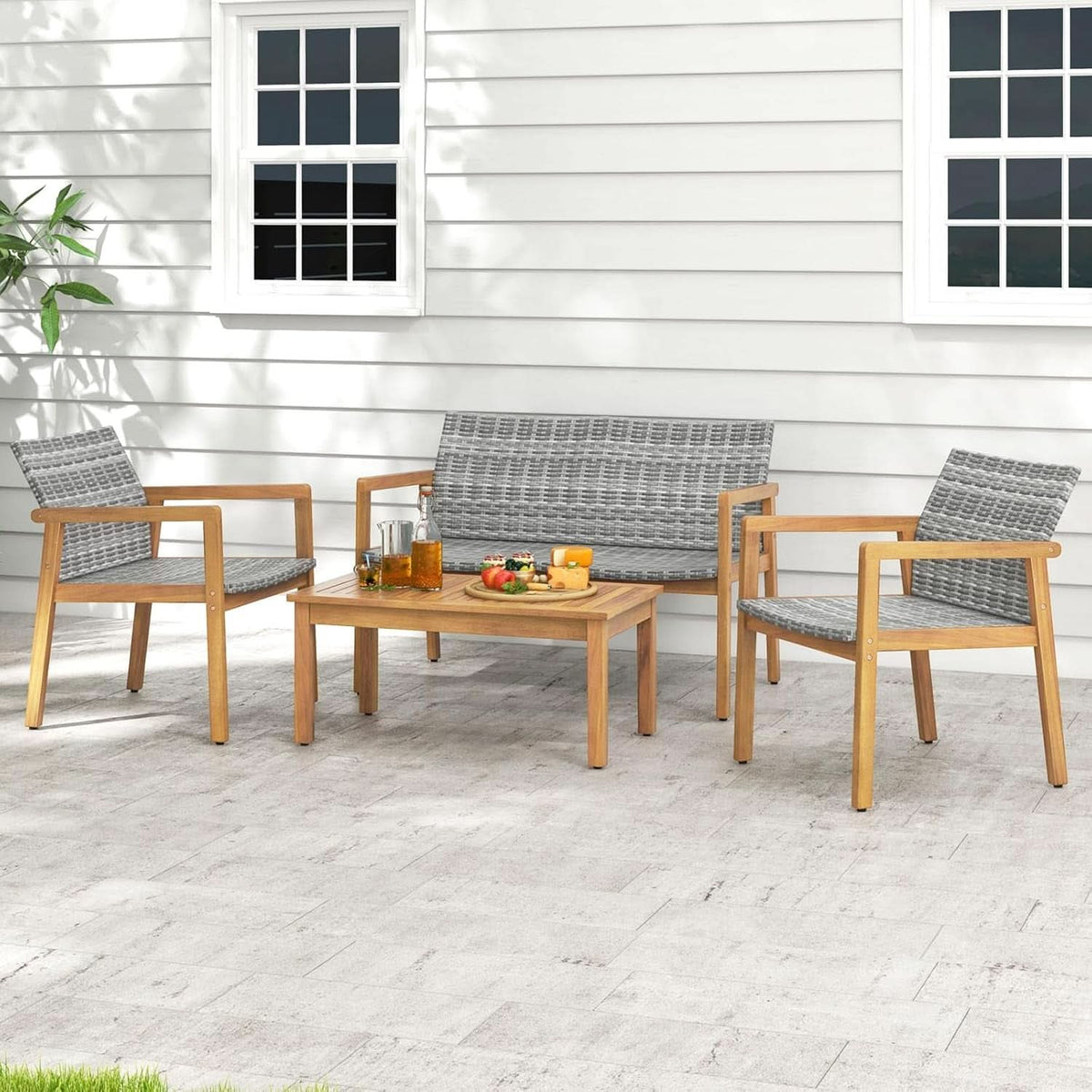 4 Piece Mix Gray Outdoor Furniture Set Acacia Wood