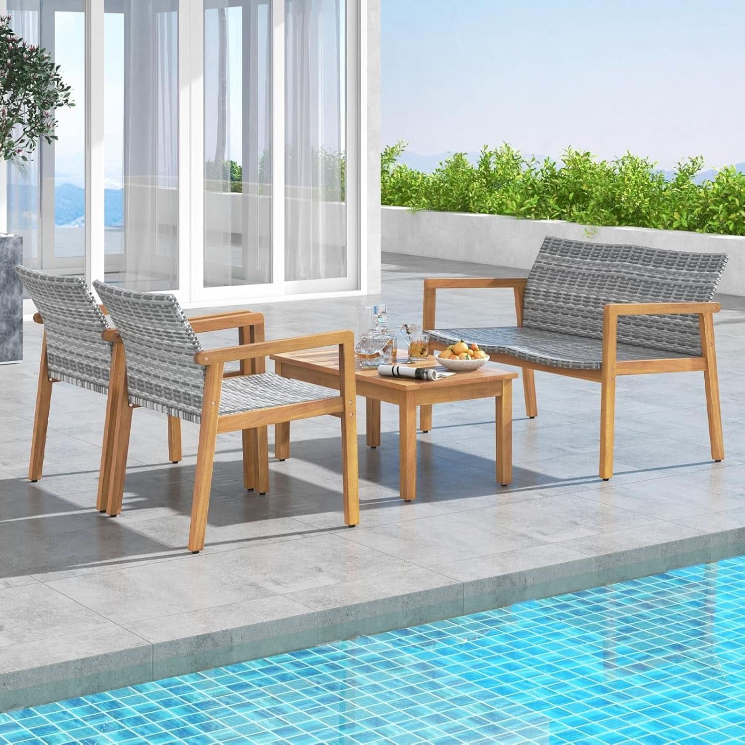 4 Piece Mix Gray Outdoor Furniture Set Acacia Wood