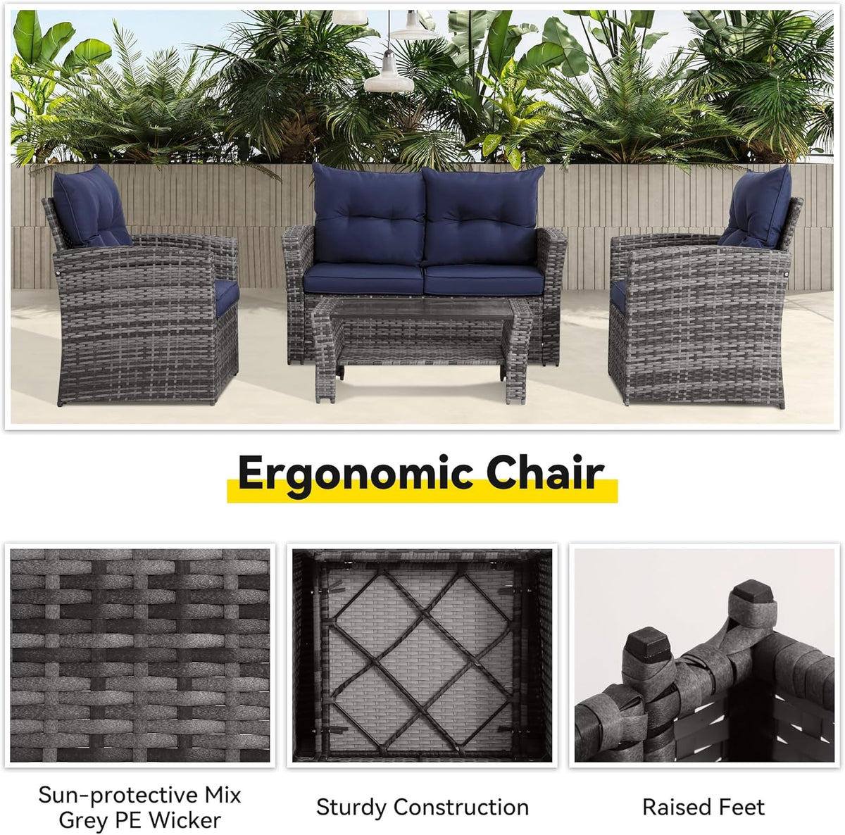 4 Piece Navy Outdoor Patio Furniture Set With Glass Table