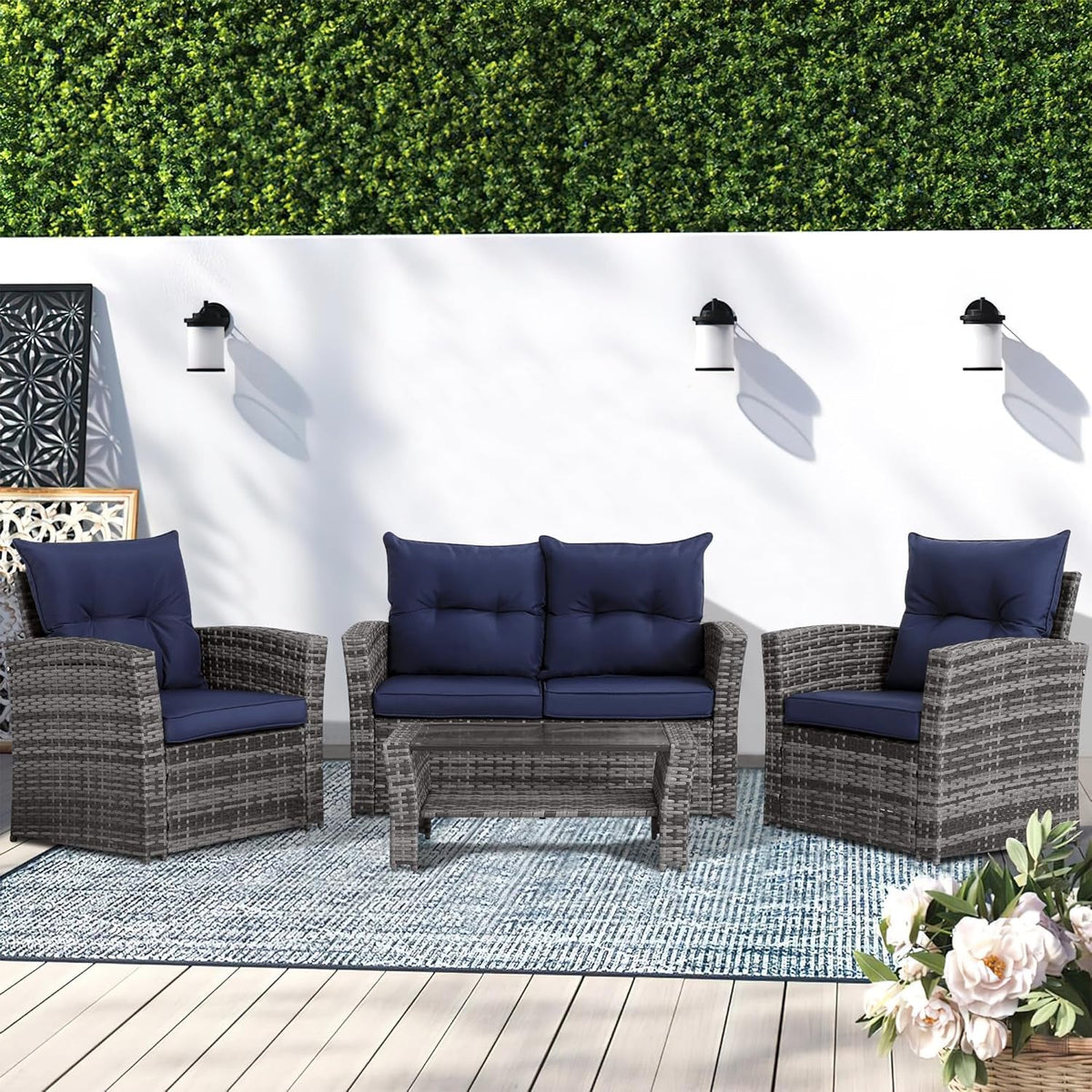 4 Piece Navy Outdoor Patio Furniture Set With Glass Table