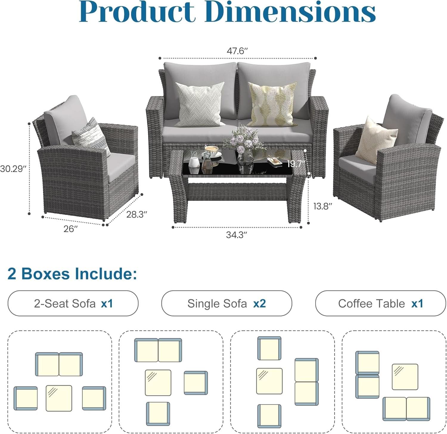 4 Piece Outdoor Patio Furniture Set All Weather Wicker Grey