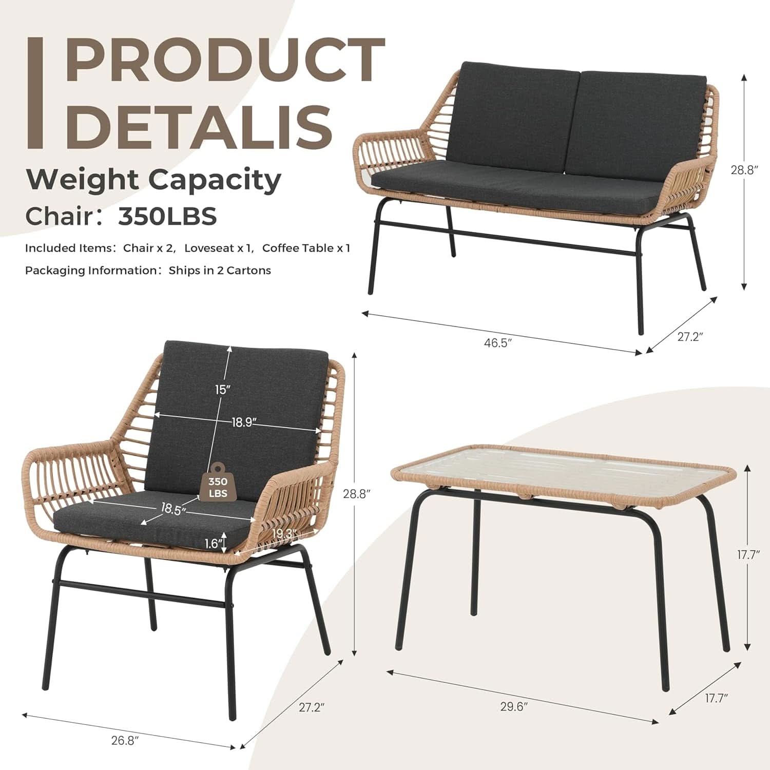 4 Piece Outdoor Patio Furniture Set AllWeather Wicker With Cushions CoffeeTable