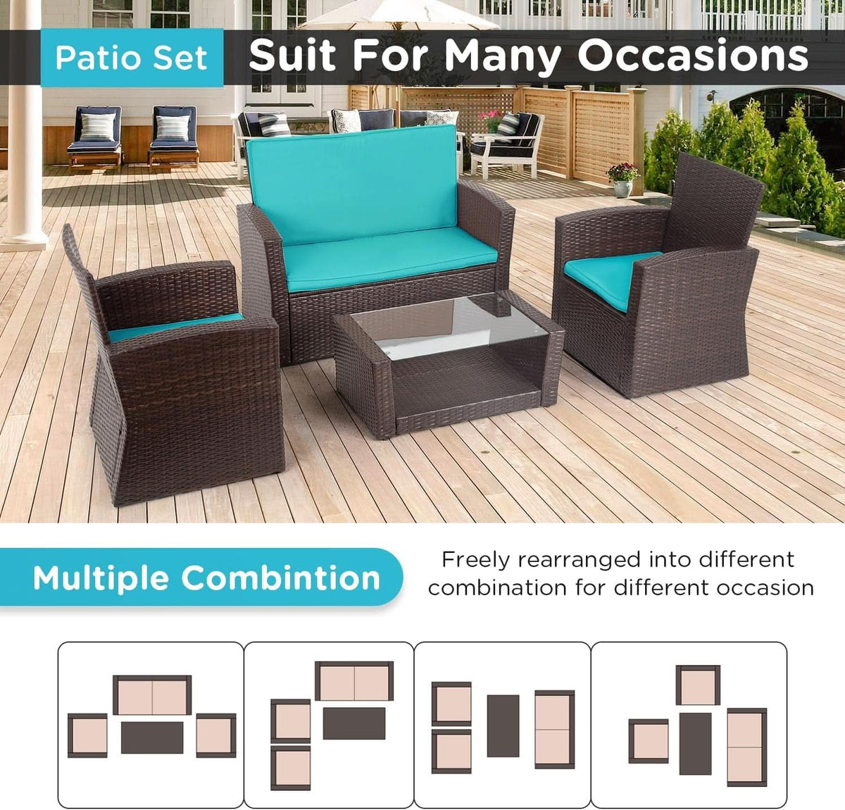 4 Piece Outdoor Patio Furniture Set Wicker Conversation