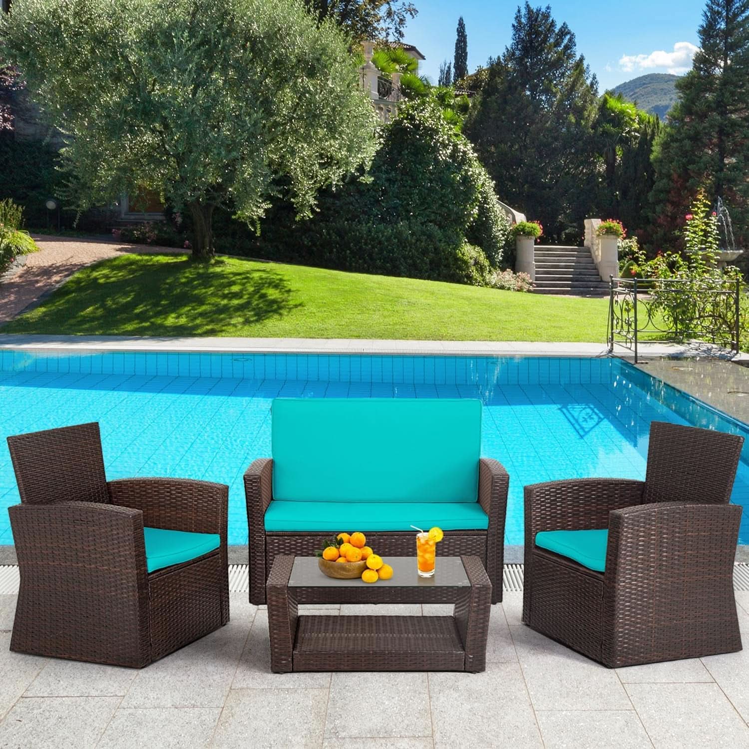 4 Piece Outdoor Patio Furniture Set Wicker Conversation
