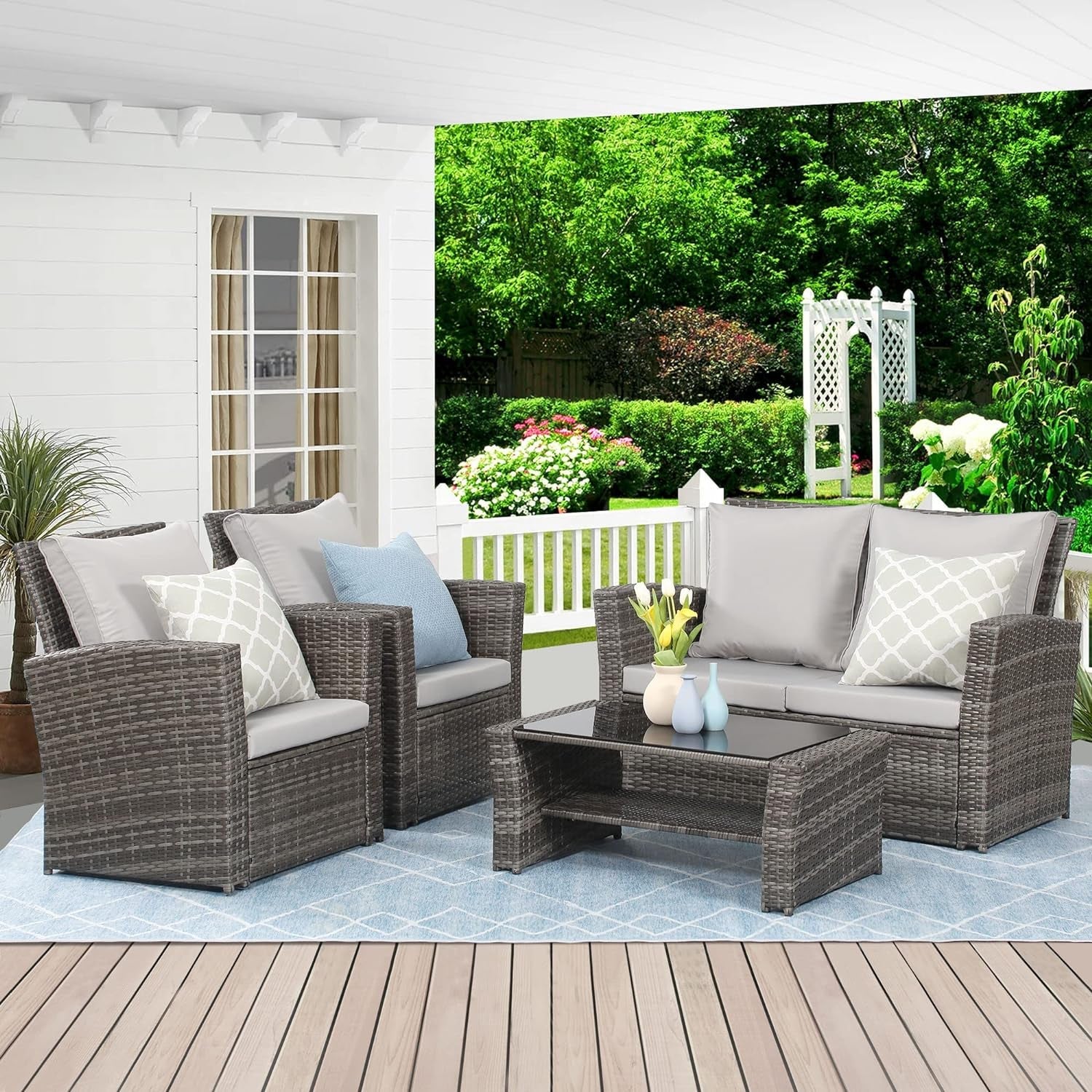4 Piece Outdoor Patio Furniture Set Wicker Conversation Gray Cushioned