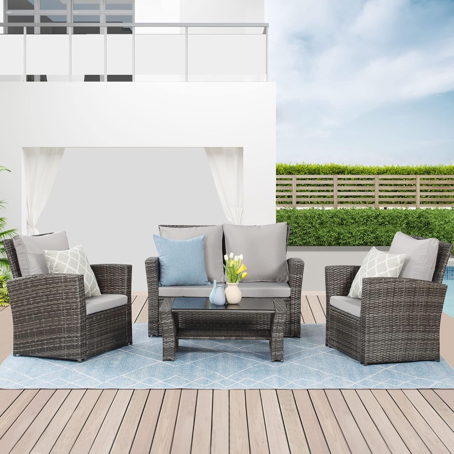 4 Piece Outdoor Patio Furniture Set Wicker Conversation Gray Cushioned