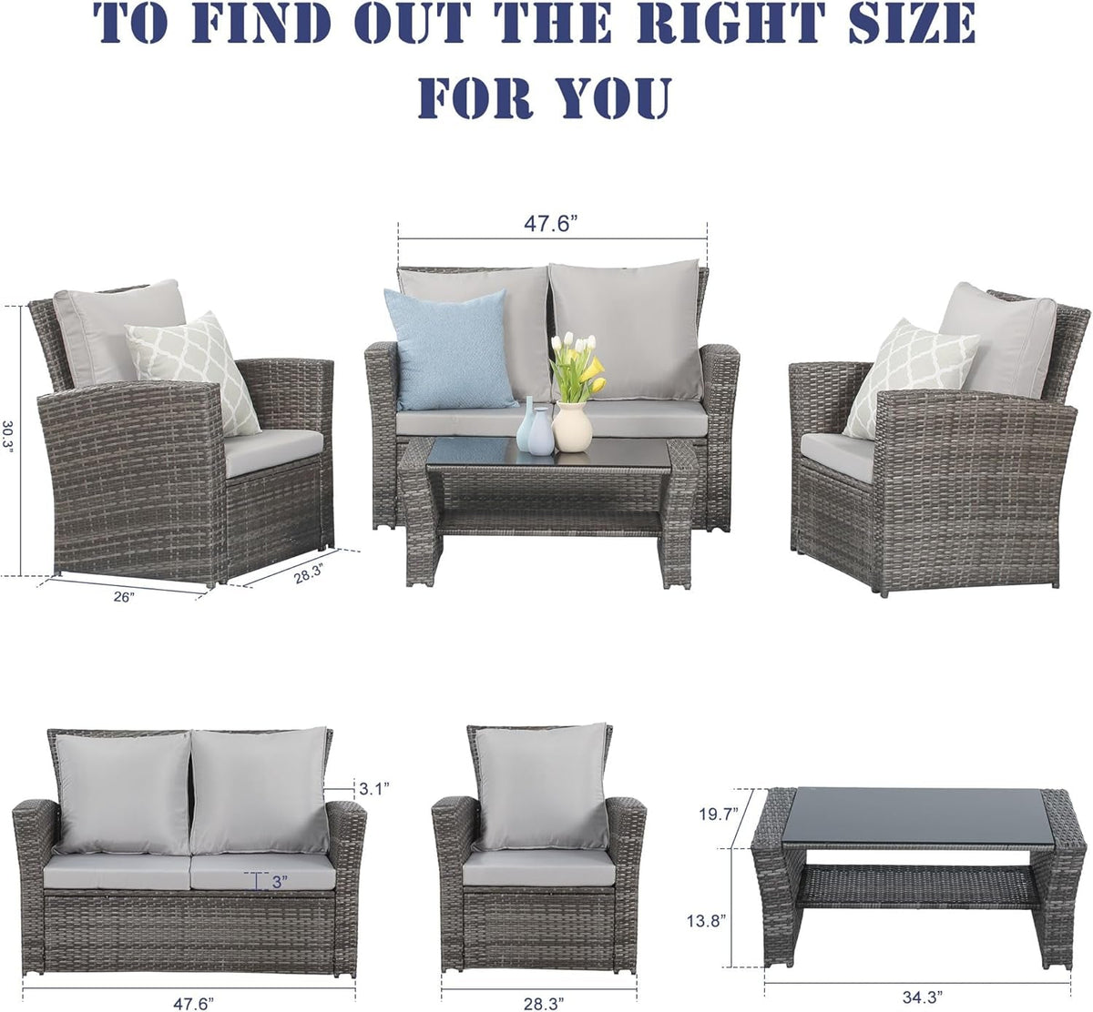 4 Piece Outdoor Patio Furniture Set Wicker Conversation Gray Cushioned