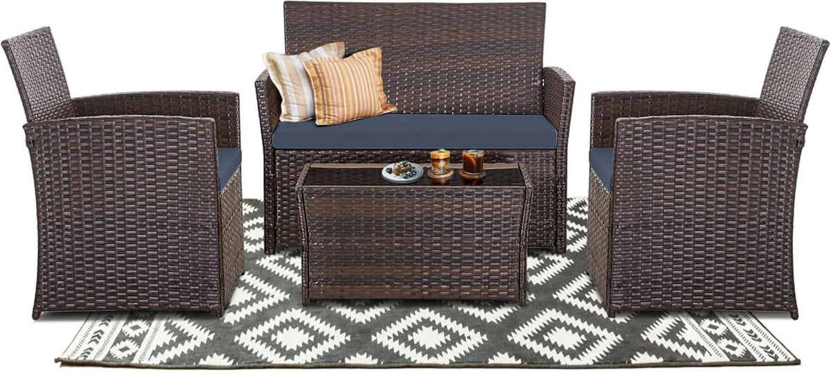 4 Piece Outdoor Patio Furniture Set Wicker Sofa With Coffee Table Gray Cushions