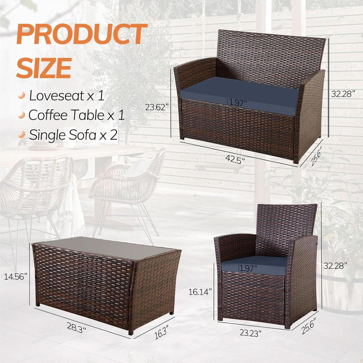 4 Piece Outdoor Patio Furniture Set Wicker Sofa With Coffee Table Gray Cushions
