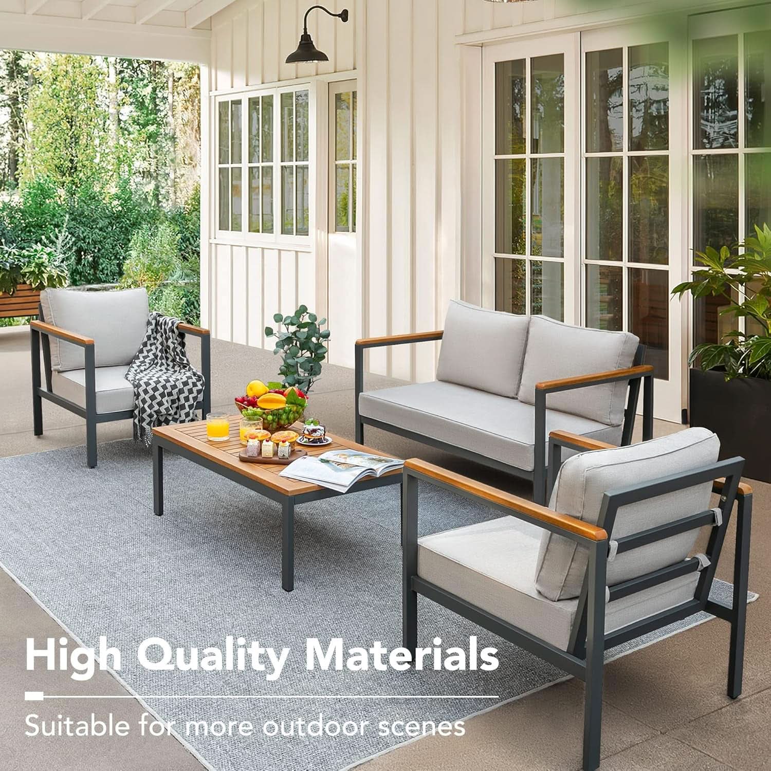 4 Piece Outdoor Patio Set Acacia Wood Sofa and Table