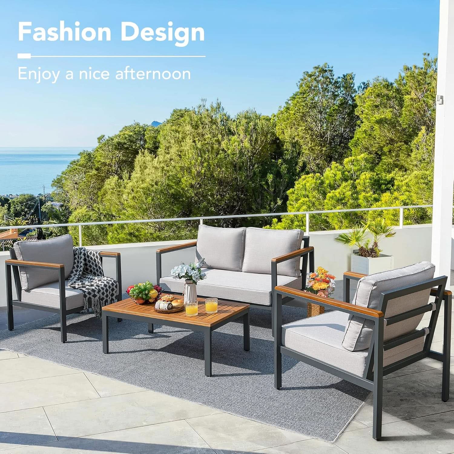 4 Piece Outdoor Patio Set Acacia Wood Sofa and Table