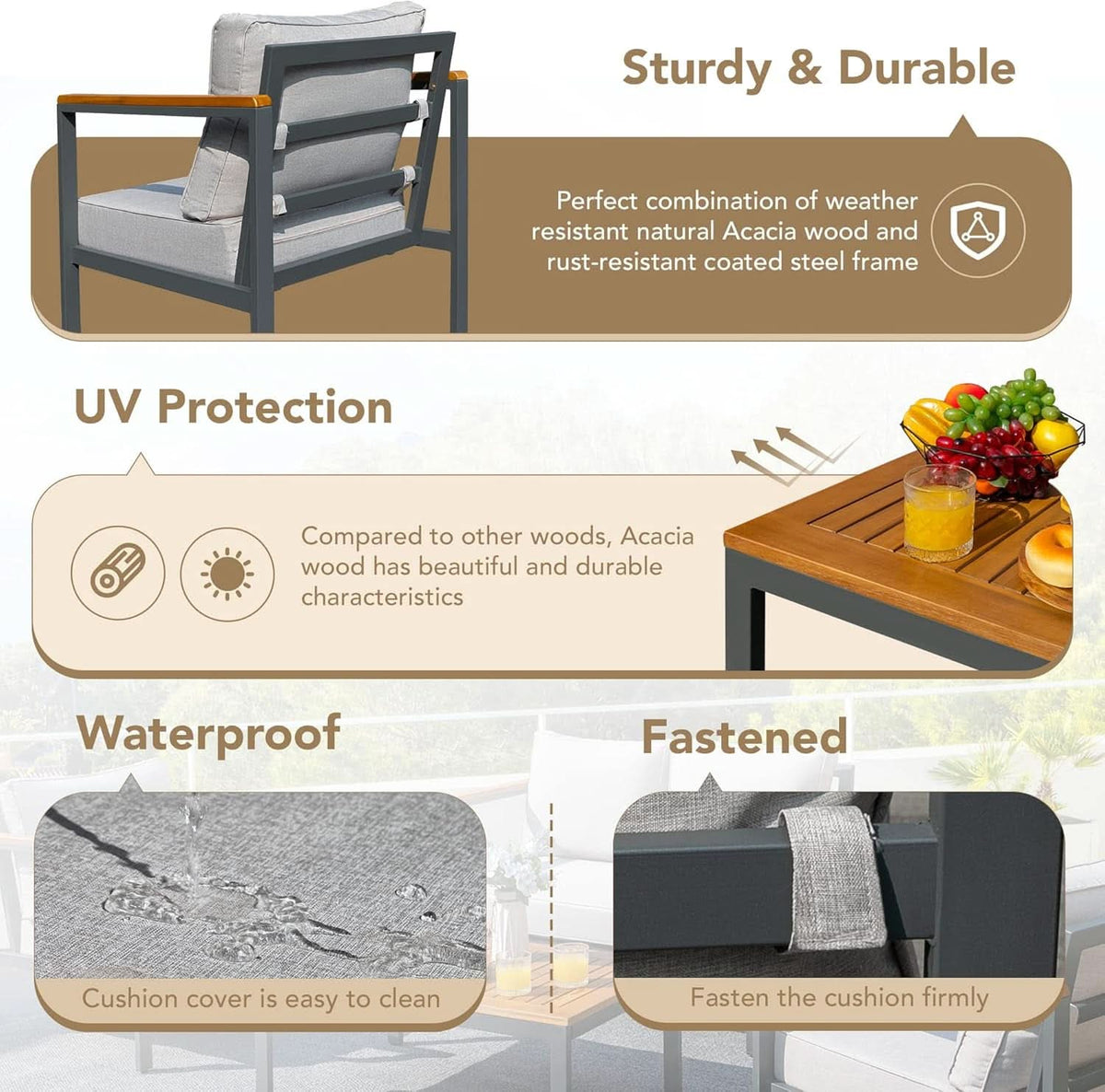 4 Piece Outdoor Patio Set Acacia Wood Sofa and Table