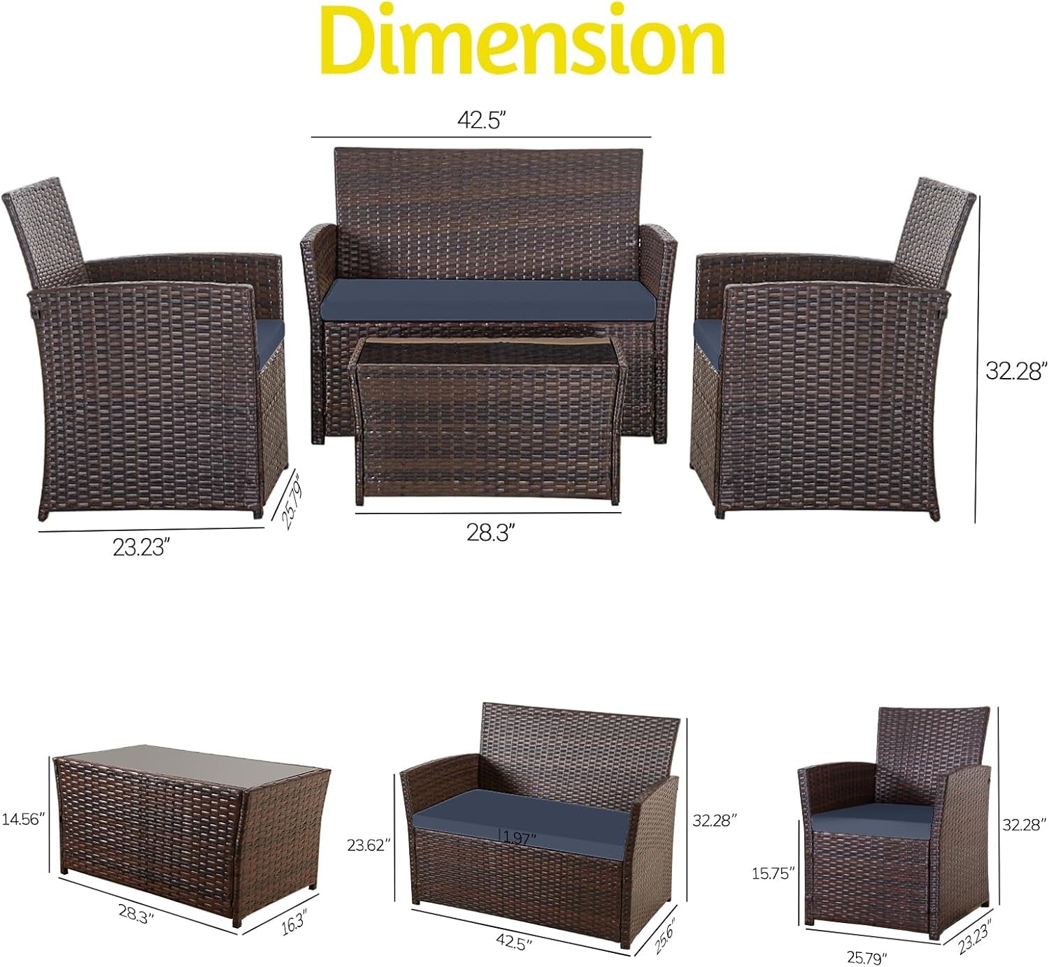 4 Piece Outdoor Patio Set Brown Rattan Wicker Sofa Glass Coffee Table