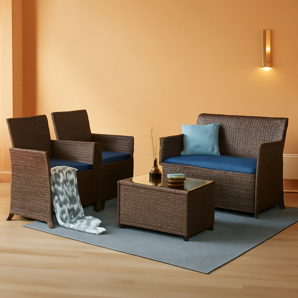 4 Piece Outdoor Patio Set Brown Rattan Wicker Sofa Glass Coffee Table