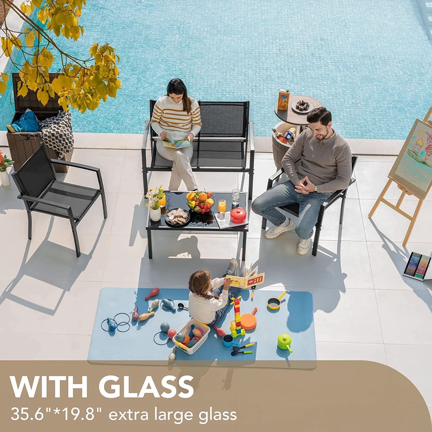 4 Piece Outdoor Patio Set With Glass Table Black Durable