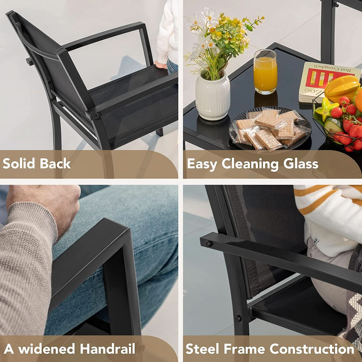 4 Piece Outdoor Patio Set With Glass Table Black Durable
