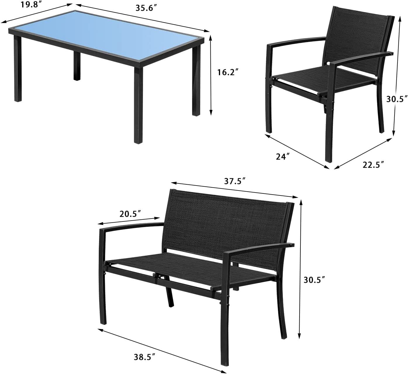 4 Piece Outdoor Patio Set With Glass Table Black Durable