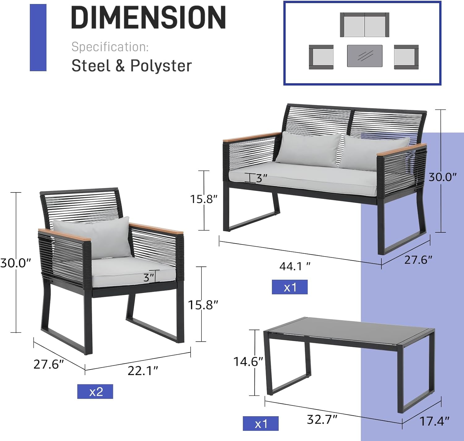 4 Piece Outdoor Wicker Patio Conversation Set With Light Grey Cushions
